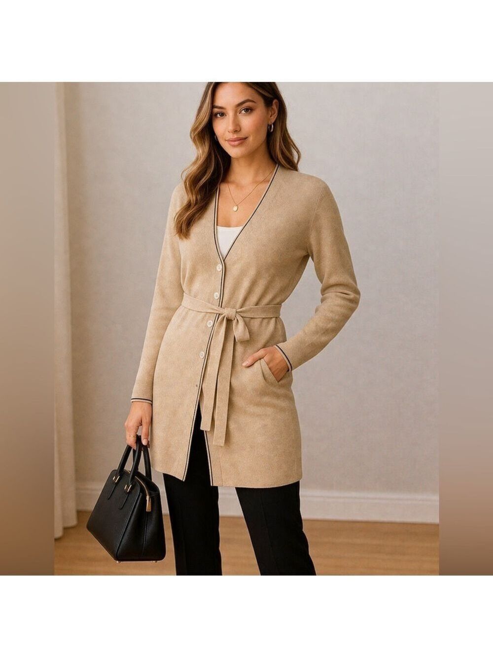 Vintage Fred David Belted Long Cardigan Sweater Coat Beige Minimalist Knit Small
